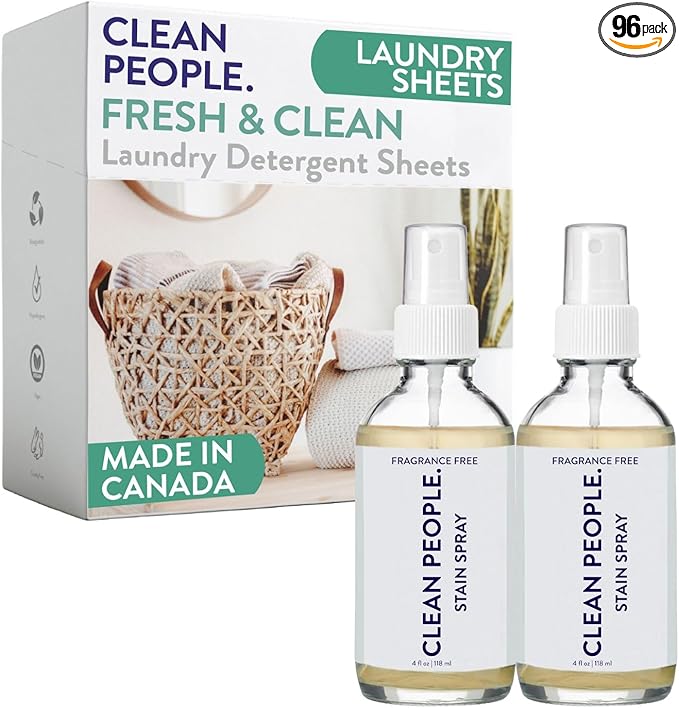 Clean People Ultra Concentrated Laundry Detergent Strips Fresh Scent &amp Stain Remover Spray- Plant-Based Eco Friendly Laundry Detergent 96ct &amp Stain Spray 4oz (2 Pack)