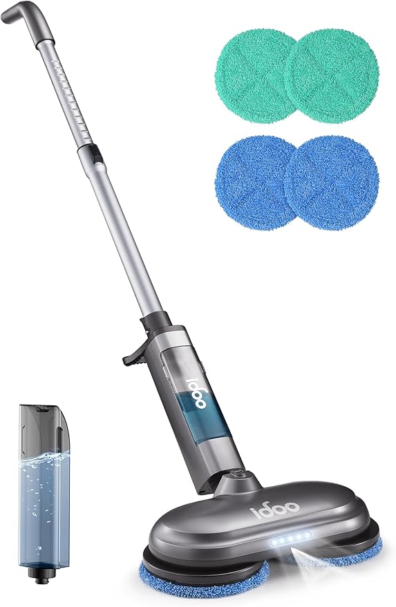 iDOO Cordless Electric Mop Rechargeable Spin Mop with Water Spray &amp LED Headlight Quiet Self Propelled Floor Cleaner Washable Pads &amp 350ml Water Tank Lightweight Floor Scrubber for All Flo