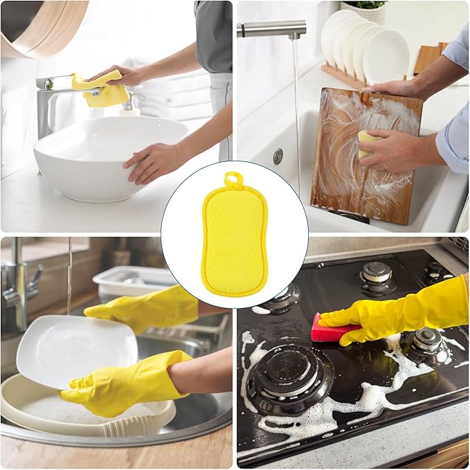 uxcell Multipurpose Kitchen Dish Sponge Scrubber 10 Pcs Non Scratch Microfiber Sponges Scouring Pads Sponges Scrub for Washing Dishes Cleaning Kitchen Yellow