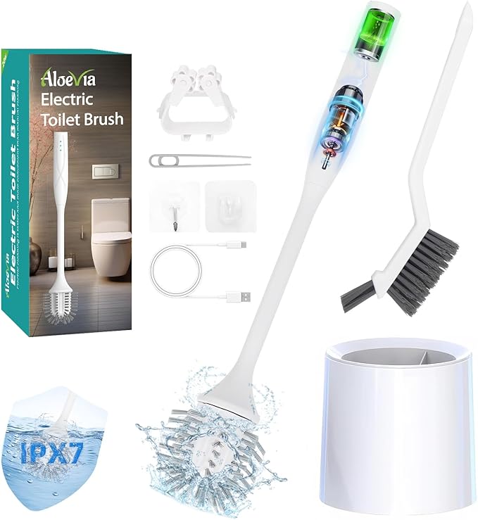 Electric Toilet Brush with Holder Ultra Quiet &amp Powerful Scrubbing IPX7 Waterproof Self-Cleaning Brush for Toilet/Bathtub/Grout Cordless Spin Scrubber with 320RPM Turbo Power - White