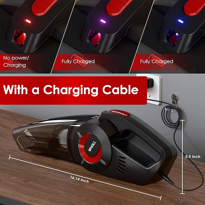 whall Handheld Cordless Car Vacuums Wet and Dry Use 9000Pa Strong Suction Vacuums Rechargeable Portable Vacuum Cleaner with LED Charging Dock Lightweight Mini Vacuum for Car Home and Office Red