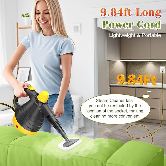 Handheld Steam Cleaner - 275°F High-Temp Fast Heating Multi-Surface Steamer for Cleaning 100% Chemical-Free Pet Safe Portable Steam Cleaner for Home/Bath/Window/Car Detailing/Upholstery/Couch/Grout