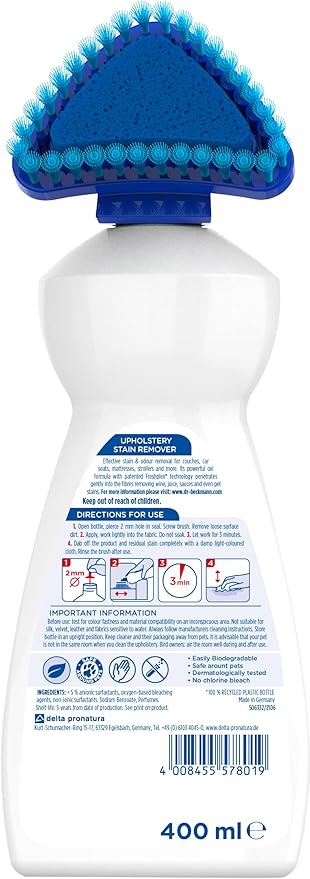 Dr. Beckmann Upholstery Stain Remover Liquid 400Ml|Removes Even Stubborn Stains And Odours From Sofa Couch Car Seats Office Chairs Mattresses &amp More|With Applicator Brush|Sofa Cleaner