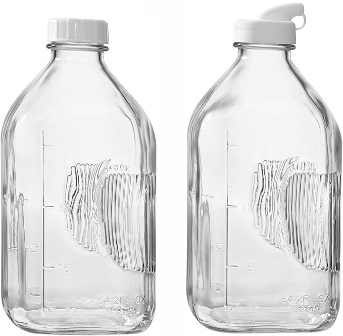 Fox Run Large Glass Milk Bottles Set of 2 64oz/2 Quart Capacity Glass Bottles with Airtight and Pouring Lids
