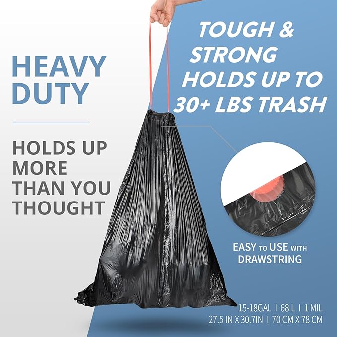 15-18 Gallon Black Trash Bags with Drawstring (102 Count) Fit 16 17 Gal High Density Large Garbage Bags Strong Plastic Trash Can Liners for Kitchen Lawn Commercial
