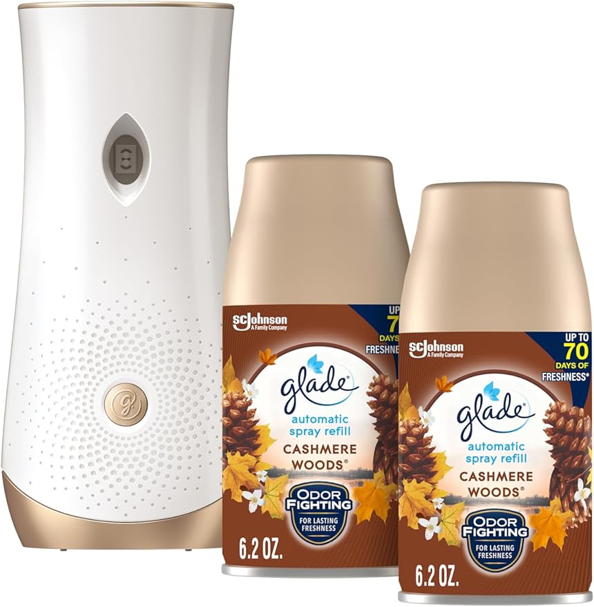 Glade Automatic Spray Refill and Holder Kit Air Freshener for Home and Bathroom Cashmere Woods 6.2 Oz 2 Count