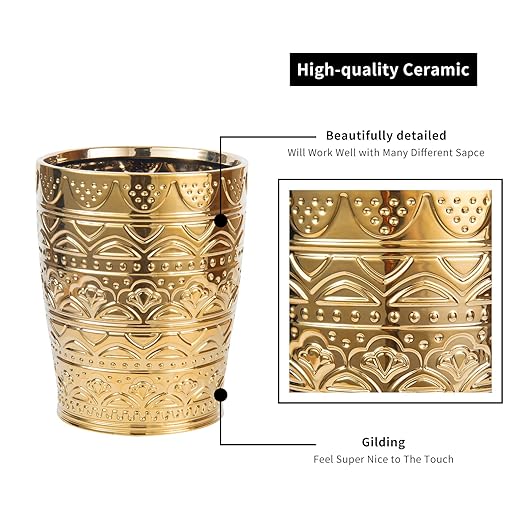 Round Ceramic Small Trash Can Wastebasket Garbage Container Bin for Bathrooms Powder Rooms Kitchens Home Offices - Durable - Gold Christmas Decor