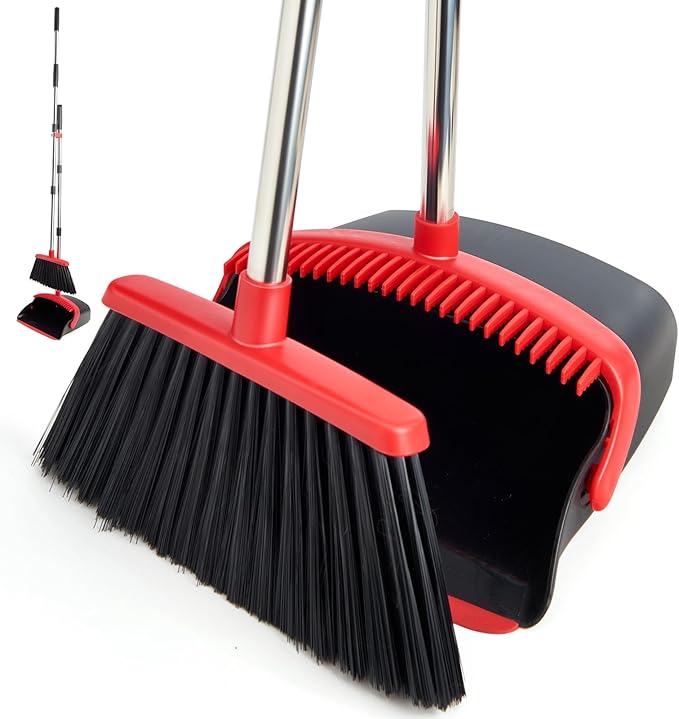 Broom and Dustpan Set with Long Handle Heavy Dust Broom and Dustpan Combo for HomeKitchen Office Pet Hair (Black Red)
