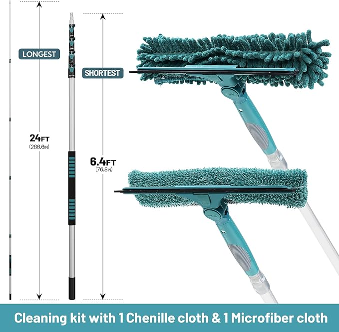 36 Feet High Reach Window Squeegee with 7-30 Ft Extension Pole Window Cleaner Tool with 5-Stage Telescoping Pole Window Cleaning Kit with Rotatable Head (2 Squeegee &amp 2 Microfibre Cloths)