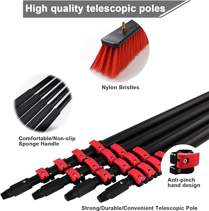 Outdoor Window Cleaning Pole Water Fed Telescopic Brush Water Fed Pole Kit with Hose Spray Solar Panel Cleaning System Outdoor Washing Equipment Tool for Photovoltaic Panel18FT/5.4M