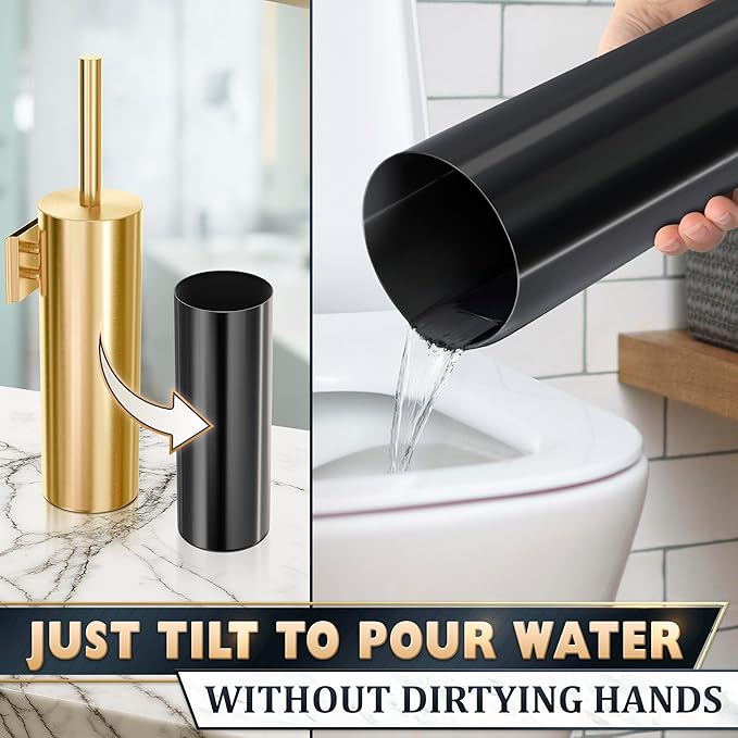 Gold Toilet Brush and Holder Set with Wall Mount - Modern Wall Mounted Toilet Brush Made from Corrosion-Resistant Stainless Steel - Removable Inner Bowl Splash Protection &amp Dense Bristles Supplie