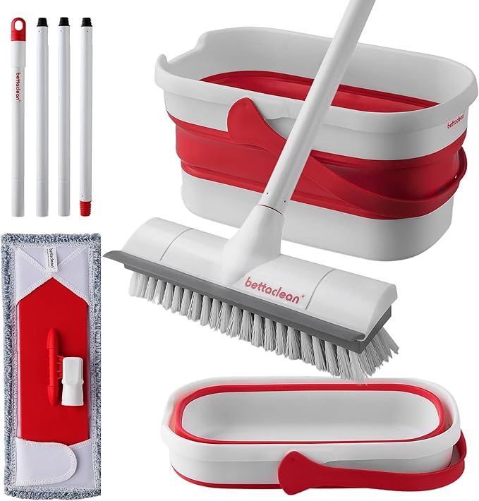 Collapsible Mop and Bucket Set with Wringer Heavy Duty Scrub Brush Foldable Mop and Broom for Home Indoor or Outdoor Cleaning Patio Deck RV Concrete and Floor Care by Bettaclean