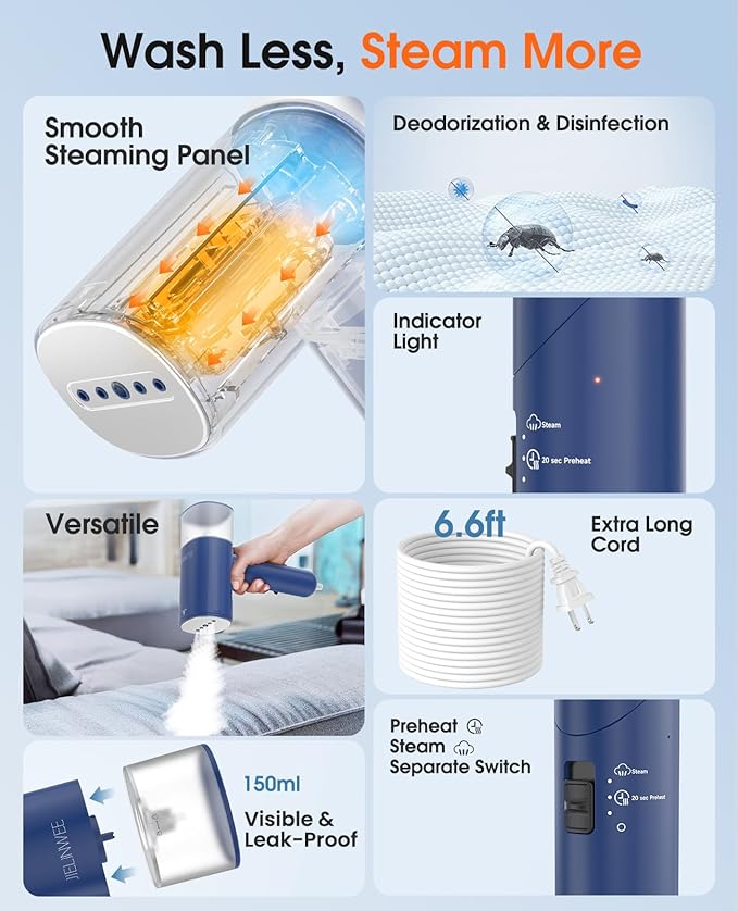 Handheld Steamer for Clothes 1200W Foldable Travel Steamer 20 Sec Preheat Garments Wrinkle Remover 120V Portable Hand Iron with 150ml Water Tank Clothes Steamer for Home Travel-Blue