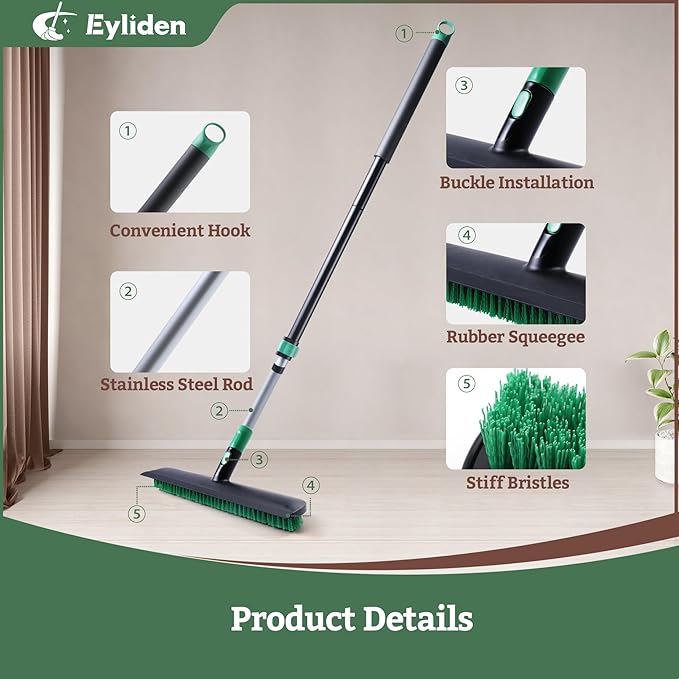 Eyliden X-Large Floor Scrub Brush 2 in 1 Scrape Brushes with Rubber Squeegee | 55.3 Long Handle 15 Wide Stiff Bristle Head | Floor Scrubber for Deck Kitchen Shower Bathroom Tub Tile Patio Wall