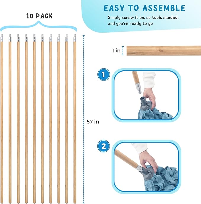 KeFanta Push Broom Handle with Metal Threaded End 57'' Wooden Stick Pole for Home and Commercial Floor Cleaning Broom and Mops Pack of 10