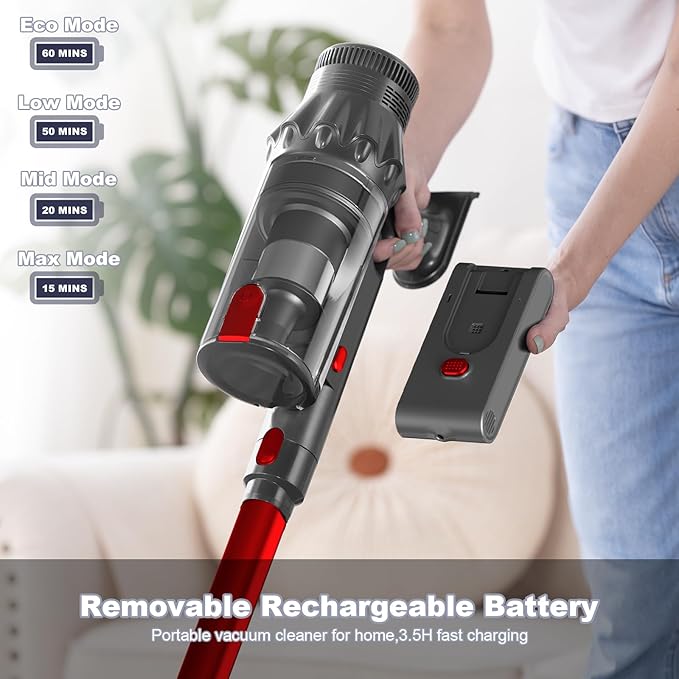 Vacuum Cleaners for Home - Cordless Stick Vacuum Cleaner Lightweight High Power Vac for Pet Hair Carpet Hardwood Floor Handheld Portable Wireless Rechargeable Battery Household VacRed
