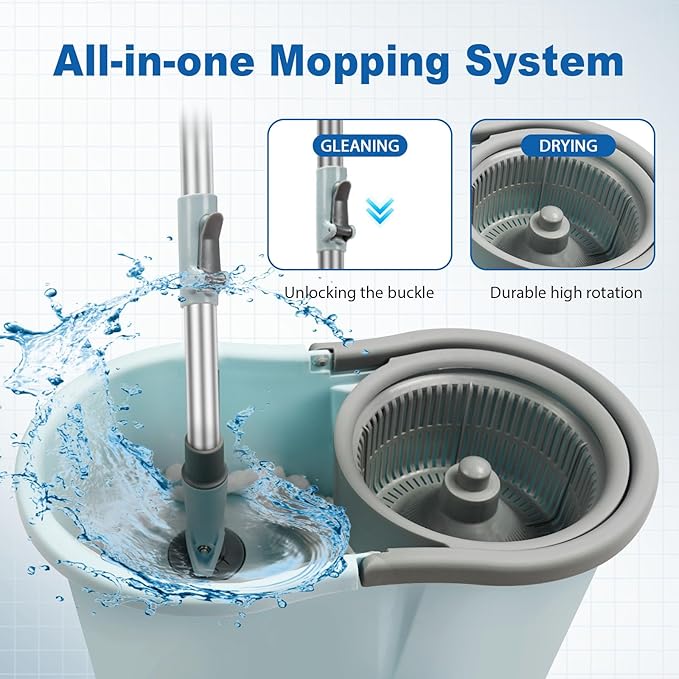 Spin Mop and Bucket Mop and Bucket with Wringer Set for Home 360 Spinning Mop Bucket Floor Cleaning Tool with 3 Microfiber Mop Replacement Head Refills50 Extended Handle for Floor Cleaning Home