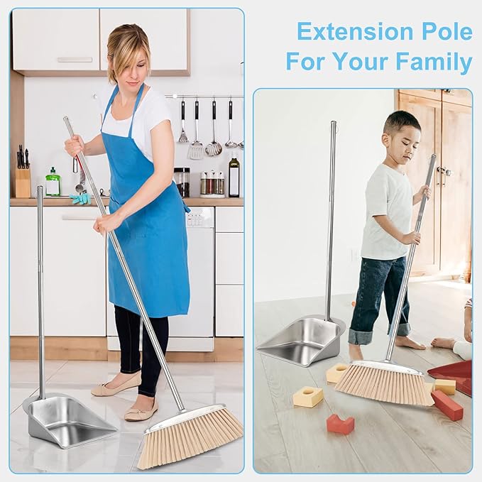 VOOWO Broom and Dustpan Set for Home Stainless Steel Broom and Dustpan Set with Long Handle Heavy Duty Dustpan Broom Set Standing Dust Pan Kitchen and Home Indoor Outdoor Broom