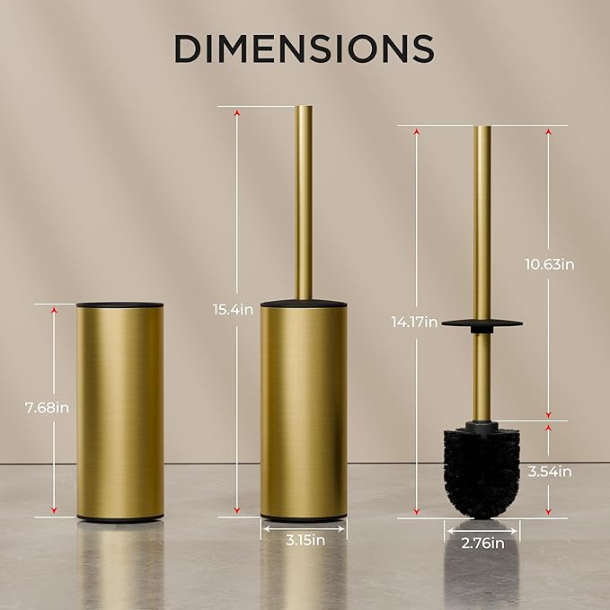 FORIOUS Toilet Brush and Holder Set 304 Stainless Steel Long Handle and Heavy Duty Base for Bathroom Deep Cleaning Drip-Proof Space Saving for Storage 2 Toilet Bowl Brush Head Dark Gold