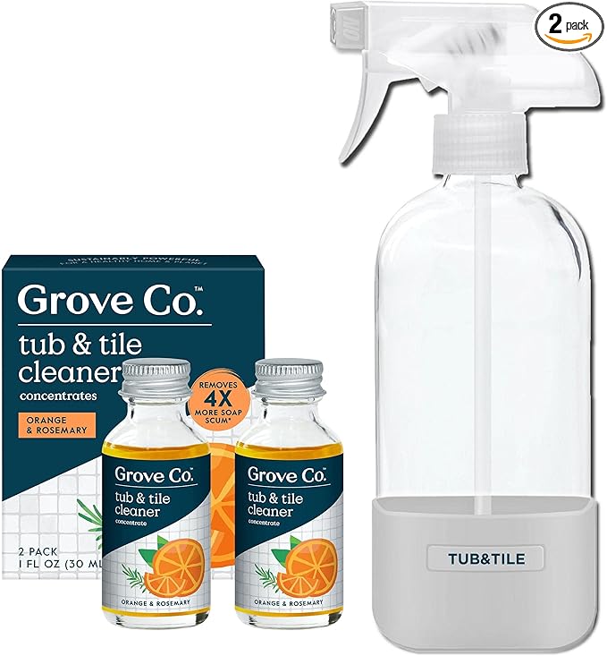 Grove Co. Tub and Tile Cleaner Refill Concentrate (2 x 1 Fl Oz) + 1 x Reusable Glass Spray Bottle (16 Oz) Plant-Based Cleaning Supplies Bundle No Plastic Waste 100% Natural Orange &amp Rosemary Sce