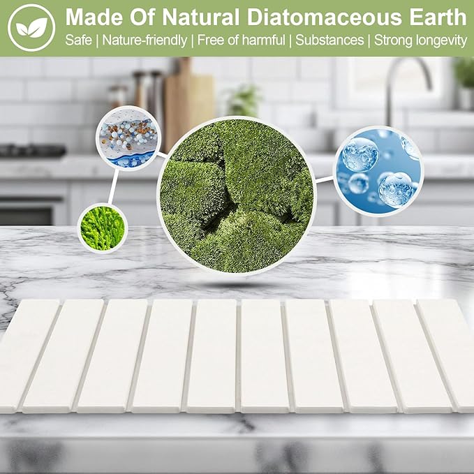 White Stone Drying Mat for Kitchen Counter Foldable 24 x 16 Diatomaceous Earth Dish Drying Mat Quick-Dry and Absorbent Mat for Dishes Bottles Cups Bathroom or Countertops