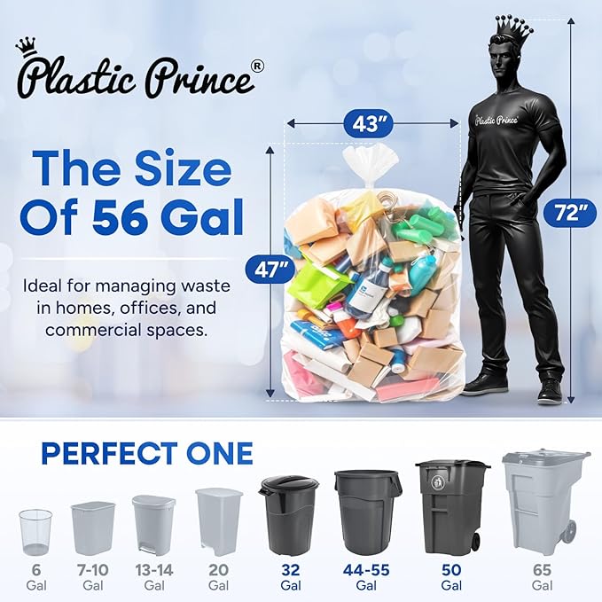 Plexon 56 Gallon Clear Trash Bags – 43 x 47 High-Density Garbage Liners 16 Micron Heavy-Duty Clear Can Liners for Commercial Use Pack of 150