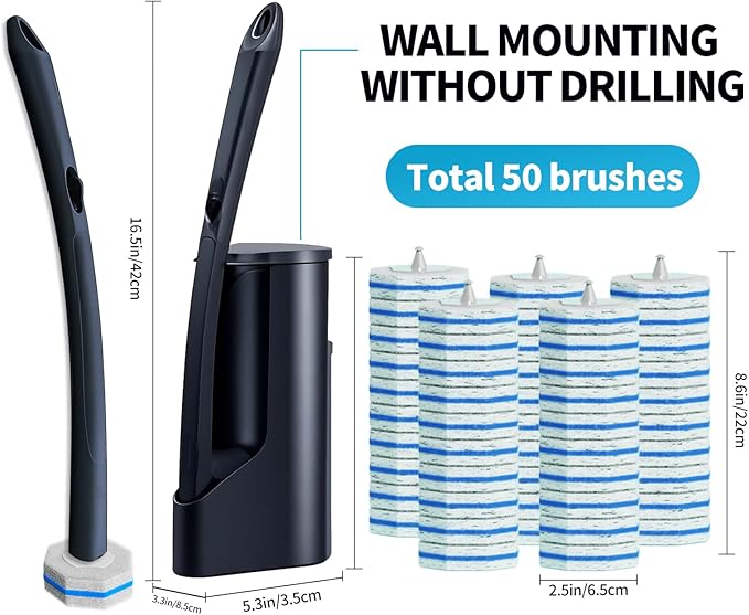 Disposable Toilet Brush with 50 Wand Cleaner Refills PadsWall Mounted Toilet Bowl Holder SetToilet Cleaning System Starter KitBathroom Cleaning System for Sink Bathtub Wash Basin