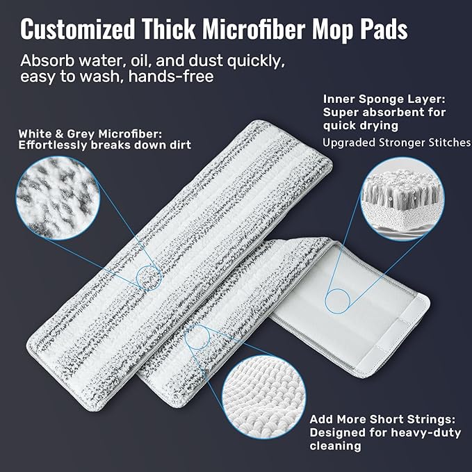 Mop and Bucket Set with Wringer 3-Tank Flat Mop and Bucket System Wall Mop Cleaner with Long Handle Hands Free Mops for Floor Cleaning with 4 Microfiber Pads