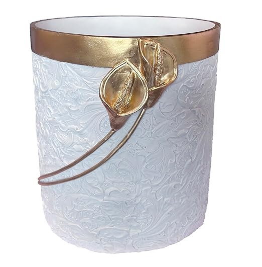 Decorative Trash Can Elegant Resin Carved Waste Basket 8x10 Trash Bin Decor Garbage Can for Office BathroomBedroomLivingroom 8L/2.2Gallon(Gold&ampWhite)