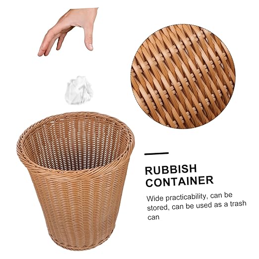 Woven Wastebasket Rust-Resistant Iron Handcrafted Faux Rattan Design Round Trash Bin for Office Home and Guest Rooms