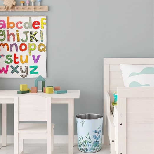 LemonRoad 2 Pack Eucalyptus Leaves Wastebasket Metal Trash Can Small Decorative Garbage Can for Bedroom Bathroom Nursery Daycare Kitchen Laundry Room Offices Home 1.50 Gallons 7.7 x 7.7 x 9.4 Inches