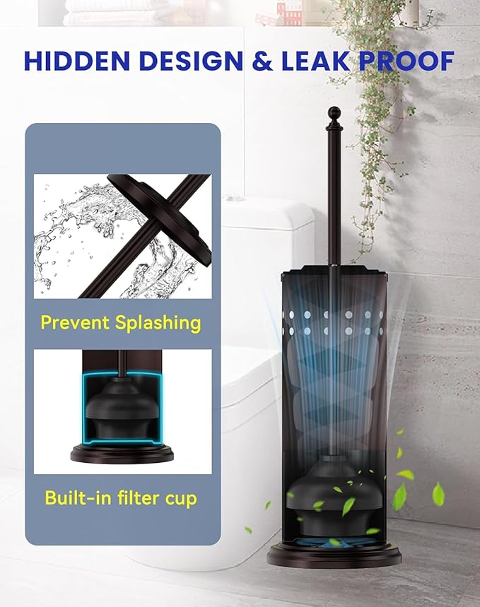 DOWRY Anti-Hand Off Toilet Plunger with Holder for BathroomPowerful Efficient Force Suction CupHeavy Duty Deep Cleaning Bronze