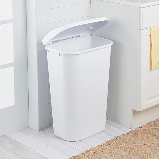 Sterilite 11.3 Gallon D Shape Flat Side Lift Top Lid Wastebasket Trash Can for Kitchen Home Office and Garage or Workspace White (24 Pack)