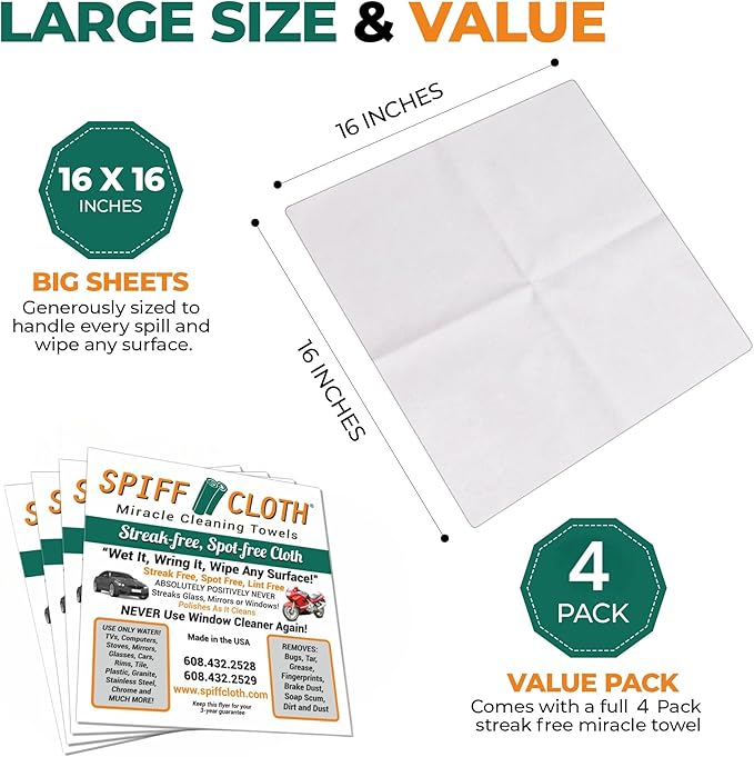 4-Count Miracle Cleaning Towels Streak-Free Cleans with Just Water 16 x 16 Reusable Washable Cloths