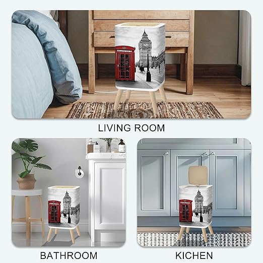 Small Trash Can with Lid London London Telephone boxs Pictures 2.6 Gallon/10L Garbage Can Waste Bin with Pop-Up Lid Wood Legs Wastebasket for Bathroom Kitchen Bedroom