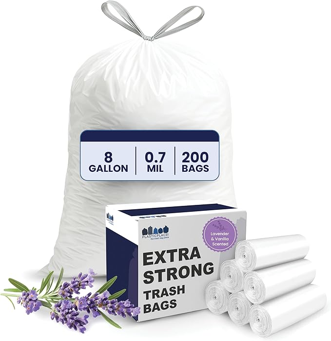 Plasticplace 8 Gallon Trash Bags │ 0.7 Mil │ Lavender and Soft Vanilla Scented Garbage Can Liners │ 22 x 22 (200 Count) White