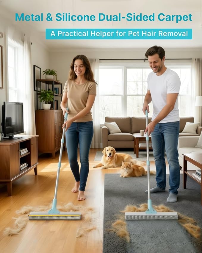 Carpet Rake for Pet Hair Removal Tool Upgraded Reusable Carpet Scraper Broom with 54” Adjustable Long Handle Premium Sturdy Cat &amp Dog Hair Remover Carpet Brush for Rugs Mats Couch