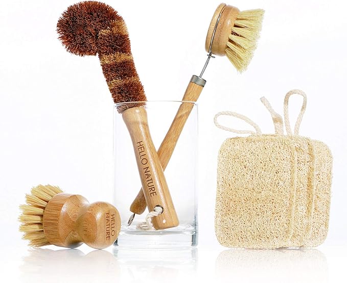 Plant-Based 6pcs Kitchen Brush Set by HELLO NATURE Sustainable &amp Biodegradable Natural Fibre Bamboo Dish BrushBottle BrushPot Brush &amp 3 Natural Loofah Sponges Zero-WastePlastic Free Kitch