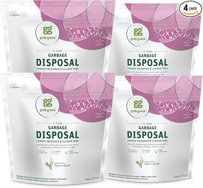 Grab Green Garbage Disposal Freshener and Cleaner Pods 48 Count Thyme Fig Leaf Scent Plant and Mineral Based Removes Odors Loosens Grime Prevents Clogging