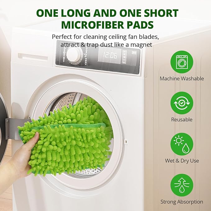 Ceiling Fan Cleaner Duster with 6 Ft/72'' Extension Pole High Ceiling Fan Blade Cleaning Tool Microfiber Duster Reusable Pads for Cleaning Ceiling Fan Baseboard Blind Cobweb Molding