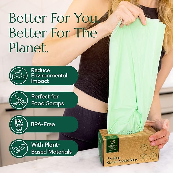 Cleanomic Compostable* 13 Gallon Trash Bags with Drawstring (3 Pack 75 Count) BPI Certified For Kitchen Compost