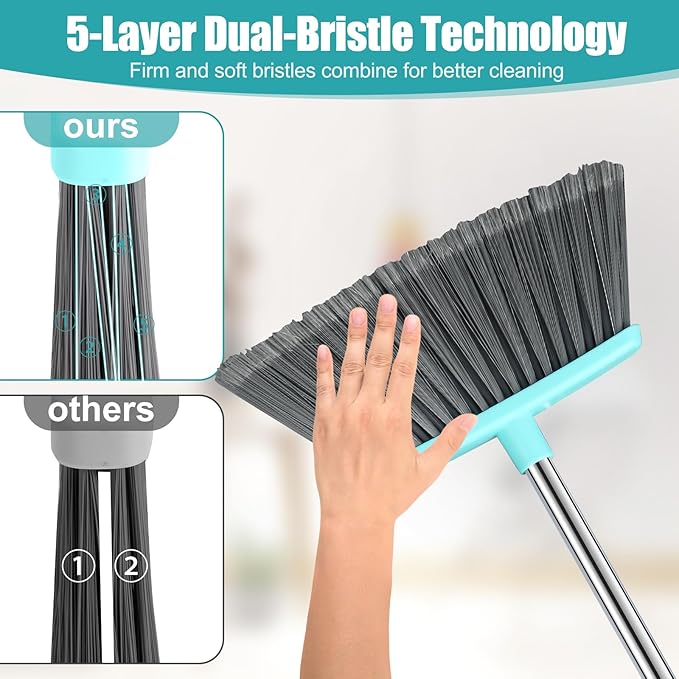 Upgrade Broom and Dustpan Set Silicone BroomLong Handle Broom with Upright Standing Dustpan Squeegee - Broom for Indoor Cleaning 2+1for Indoor OutdoorSmooth Floors Rugs (Green-Grey)