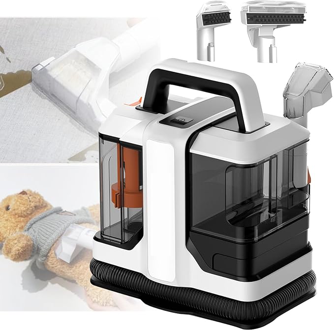 Portable Deep Cleaner for Carpets and Upholstery Dual Removable Tanks with Tough Stain and Pet Hair Tools Ideal for Auto Detailing and Home Use