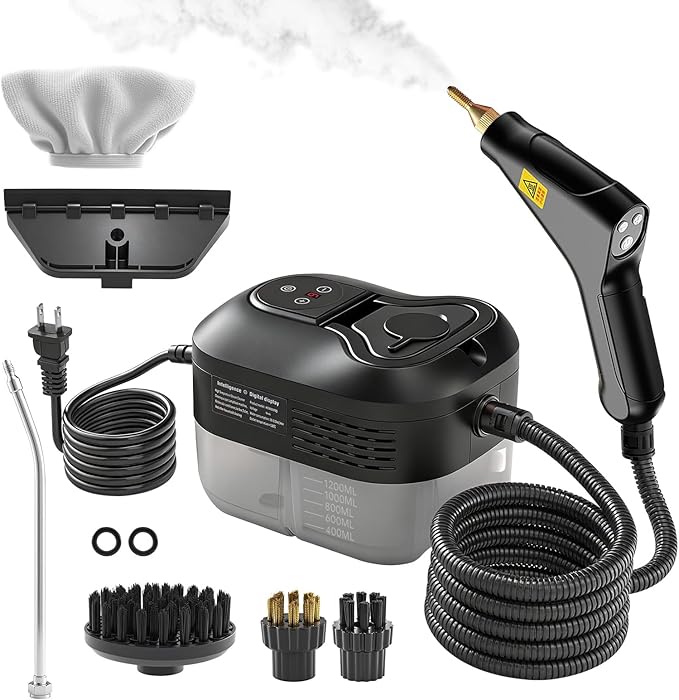 Pressurized Handheld Steam Cleaner Portable Steamer for Cleaning with 1.2L Large Tank 15s Fast Heat-Up 6-Level Adjustable Powerful Steam Cleaner for Home Car Kitchen Tile Grout(Black)