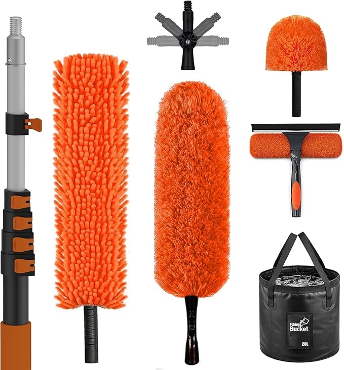 30FT Reach High Ceiling Duster Kit Window Cleaning kit with 5-24FT Extension Pole Fan Duster for Ceiling Fan Blades Microfiber Feather Duster Window Squeegee Bucket and Cobweb Duster