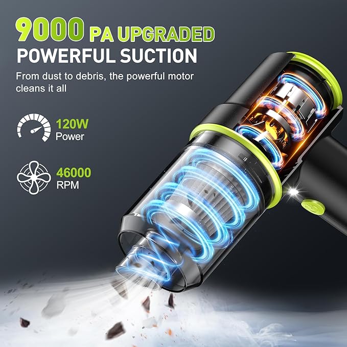 KMM Handheld Car Vacuum Cleaner 9000PA Vacuum Cleaner &amp Air Duster 120W High Power Vacuum Portable Cordless Hand Held Vacuum Rechargeable with Multi-Nozzles &amp LED Light for Home Car Offic