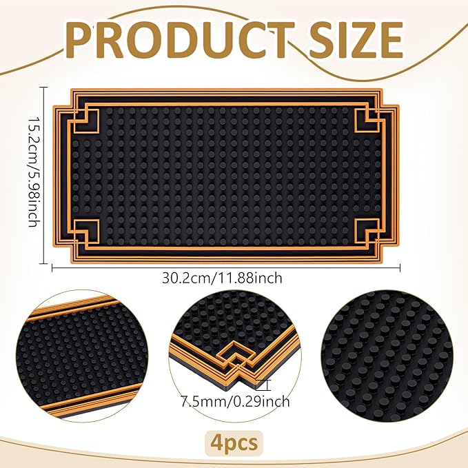 4Pcs 12x6 Inch Bar Mat Non Slip Coffee Bar Mats with Gold Border Cocktail Service Coffee Mats CounterTop Dish Drying Mat for Home Spills Restaurants Counter Whiskey and Espresso