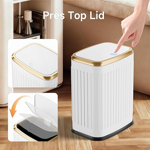 TIPGO Bathroom Trash Can with Lid 2.1 Gallon / 8 Liter Small Garbage Can Press Top Bin Stainless Steel Wastebasket with Pop-Up Lid for Bedroom Living Room Office (White)