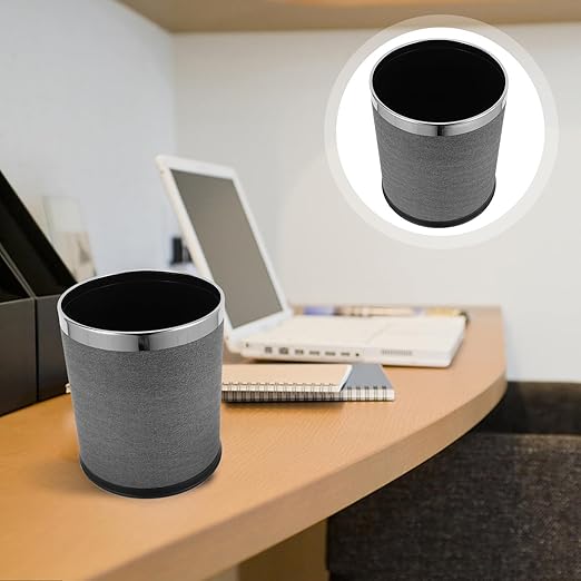 10l Indoor Trash Can Garbage Bin for Bathroom Kitchen Double-Layer Gray Leather Wastebasket Retro Round Home Use Trashcan for Hotel Ktv