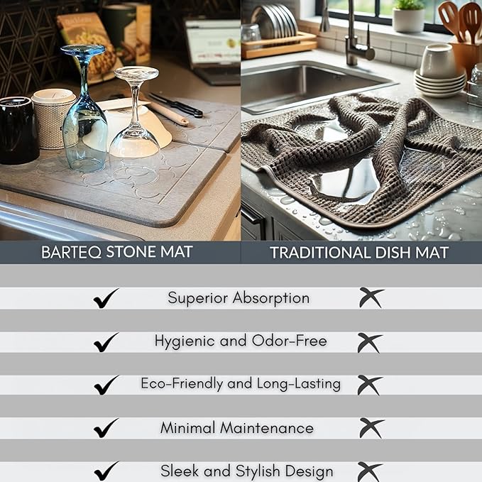 BARTEQ Large Stone Dish Drying Mat 23.6” X 15.4 Foldable Diatomaceous Drying Mat for Kitchen Counter Non-Slip Quick Drying Stone - Moroccan Trellis Grey